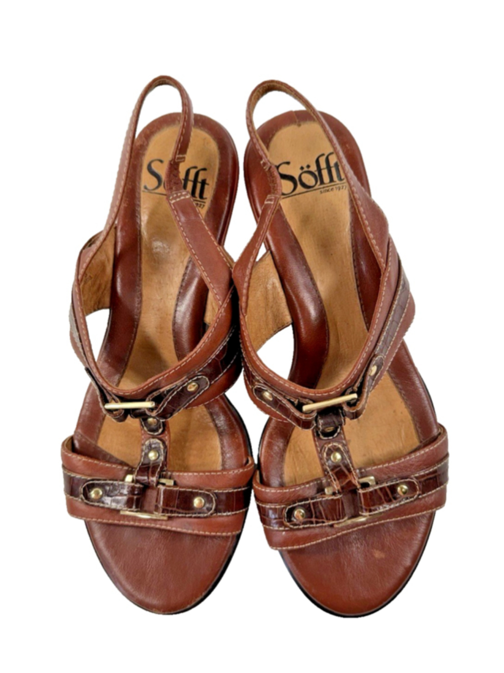 Sofft Brown Leather Slingback Ankle Strap Wedge Peep Toe Sandal Women's Shoe 7m